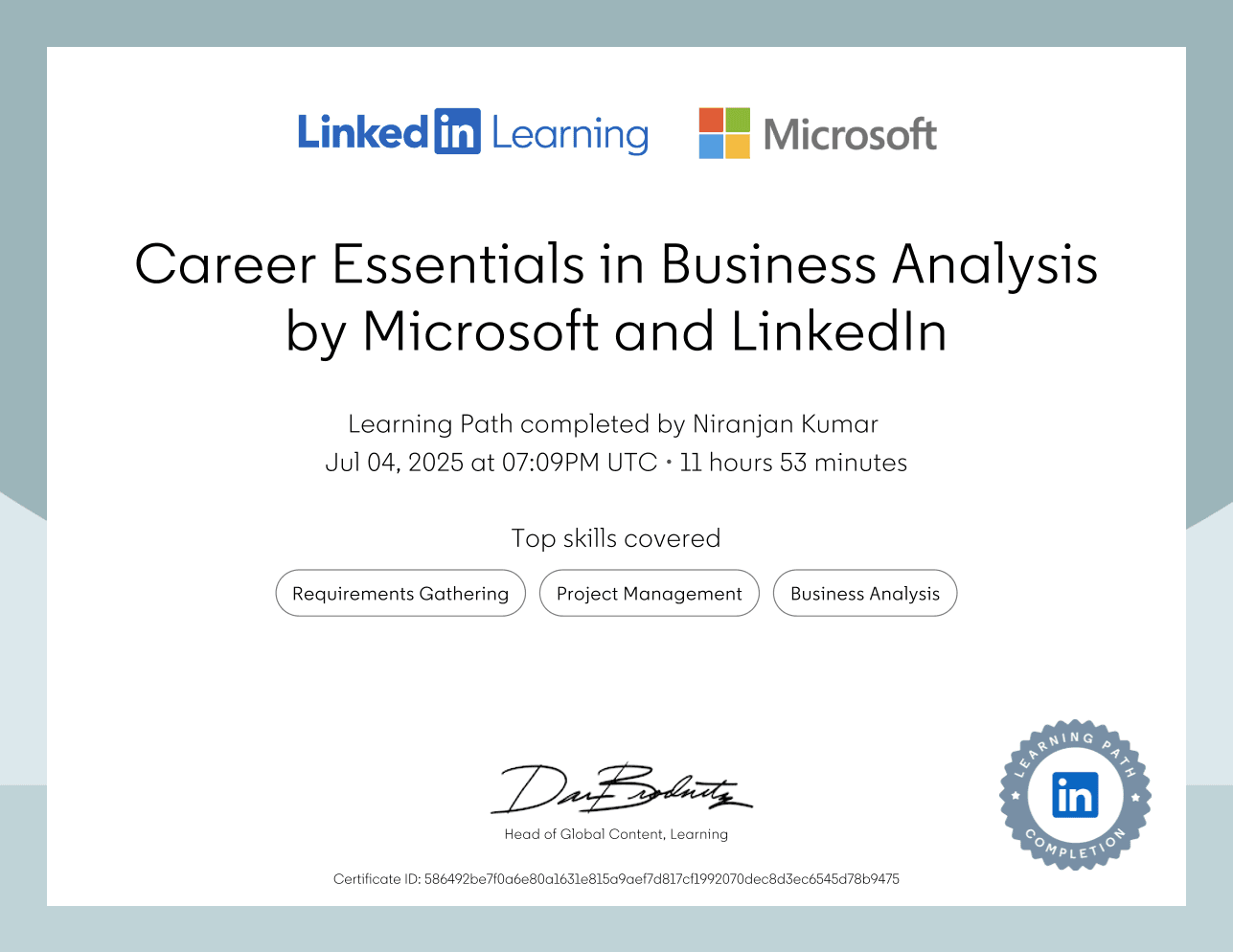 Career Essentials in Business Analysis certificate from Microsoft and LinkedIn