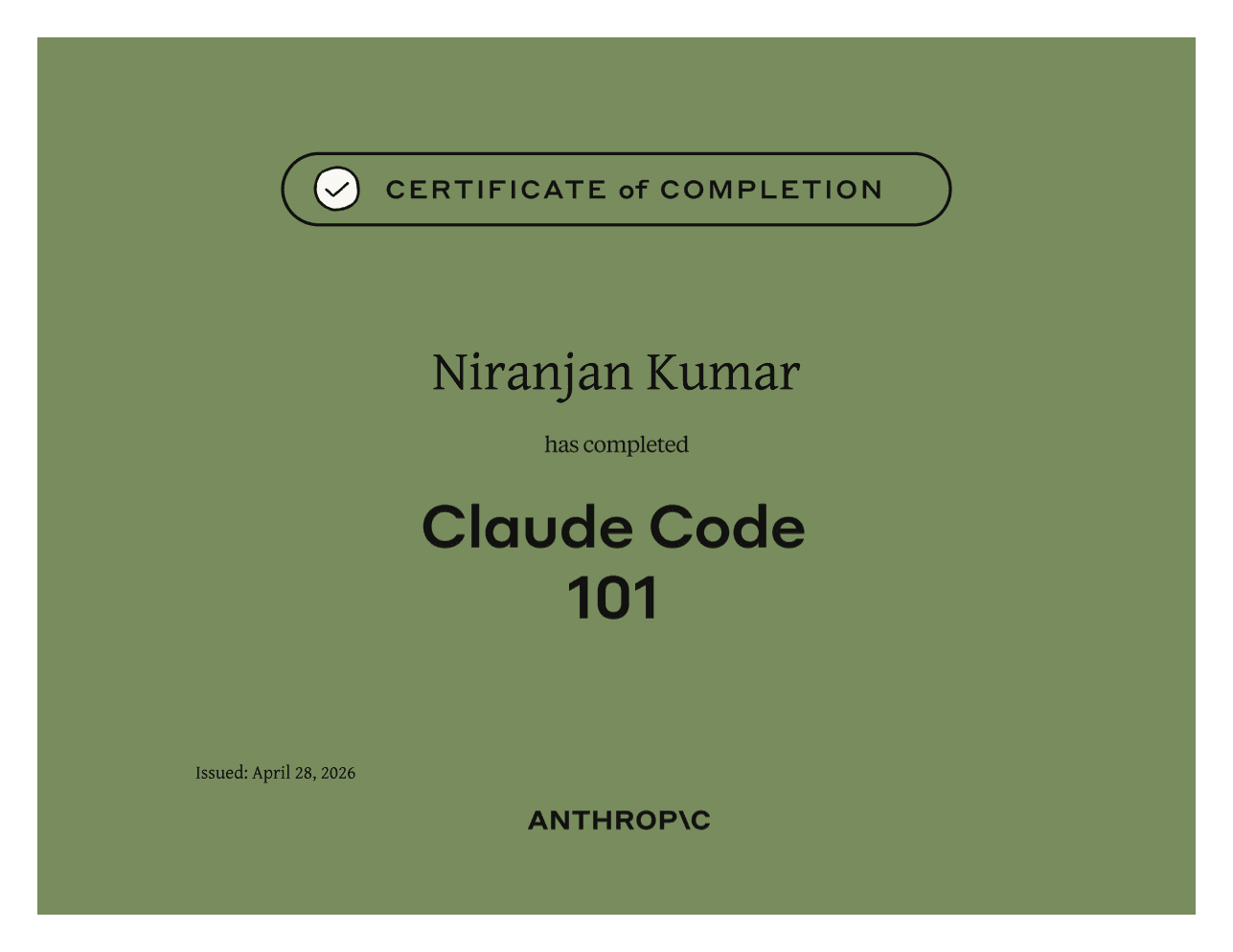 Claude Code 101 certificate from Anthropic