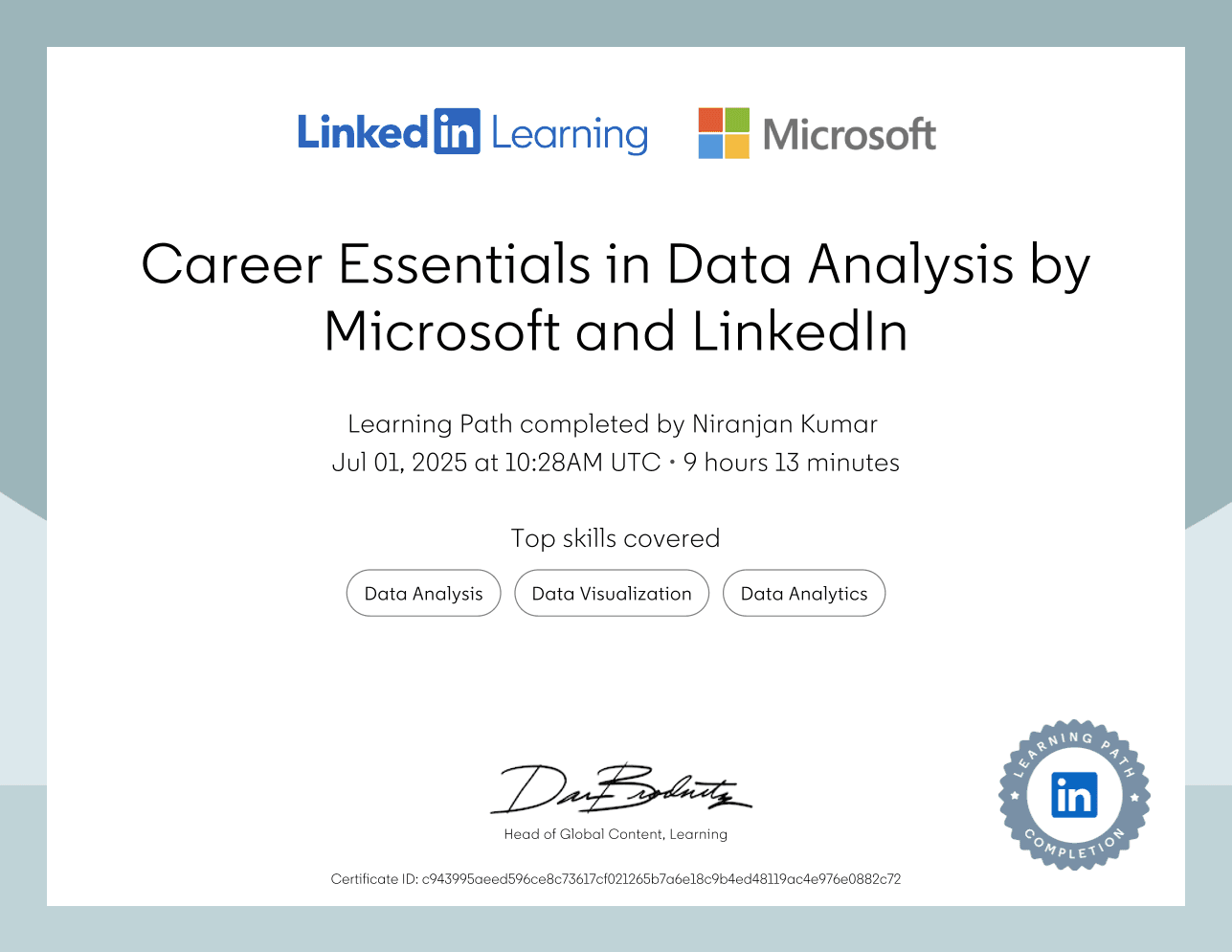 Career Essentials in Data Analysis certificate from Microsoft and LinkedIn