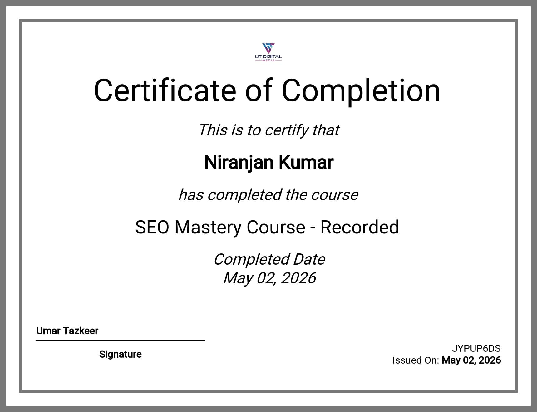 SEO Mastery Course certificate from UT Digital Media