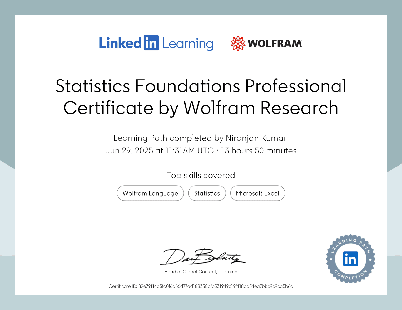 Statistics Foundations Professional Certificate certificate from Wolfram Research · LinkedIn Learning