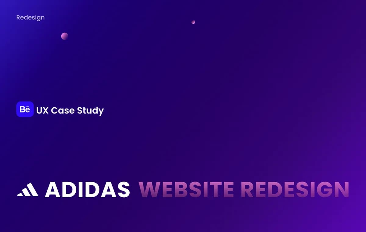 Title slide of the Adidas website redesign case study: “Adidas website redesign”, UX case study, on a dark purple gradient