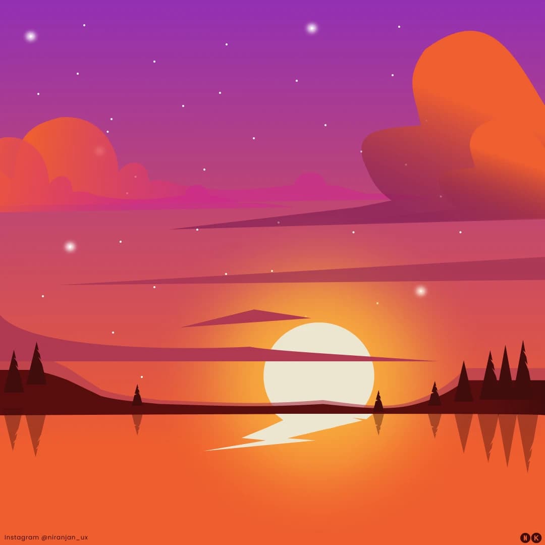 Illustration of a sunset over a lake and pine trees in orange and purple