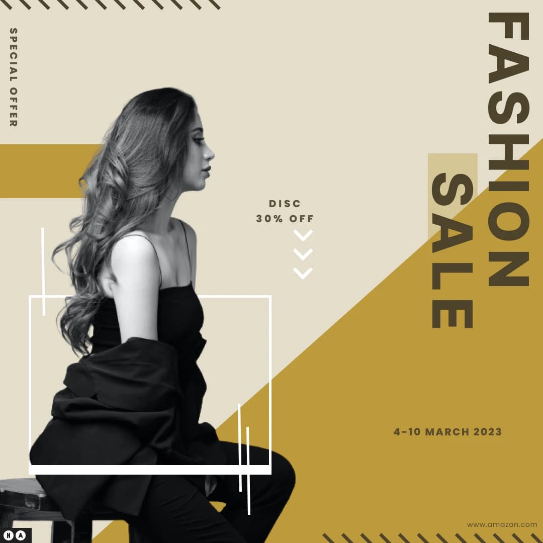 Fashion sale poster with a woman in black on a gold background and 30% off