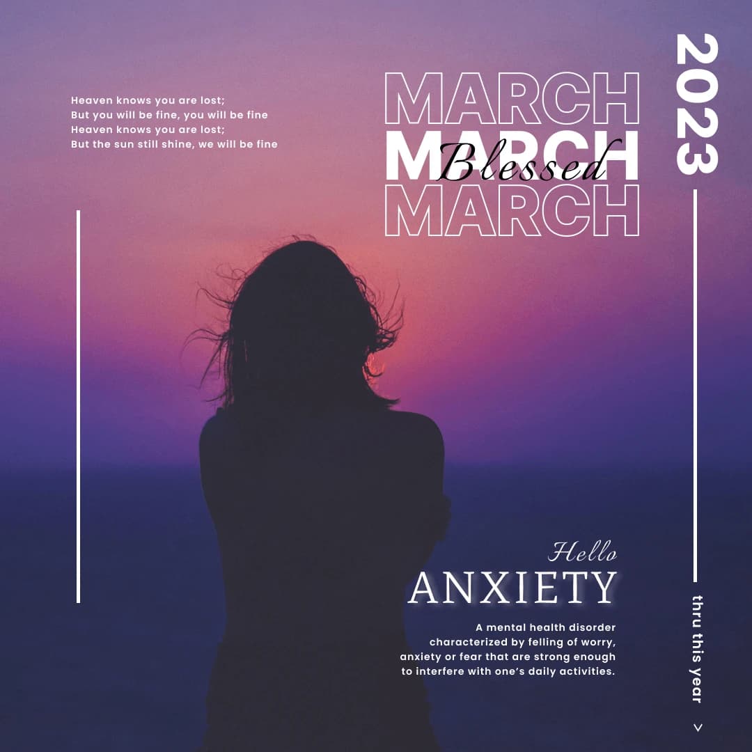 Purple dusk poster with a woman's silhouette and the words March Blessed and Hello Anxiety