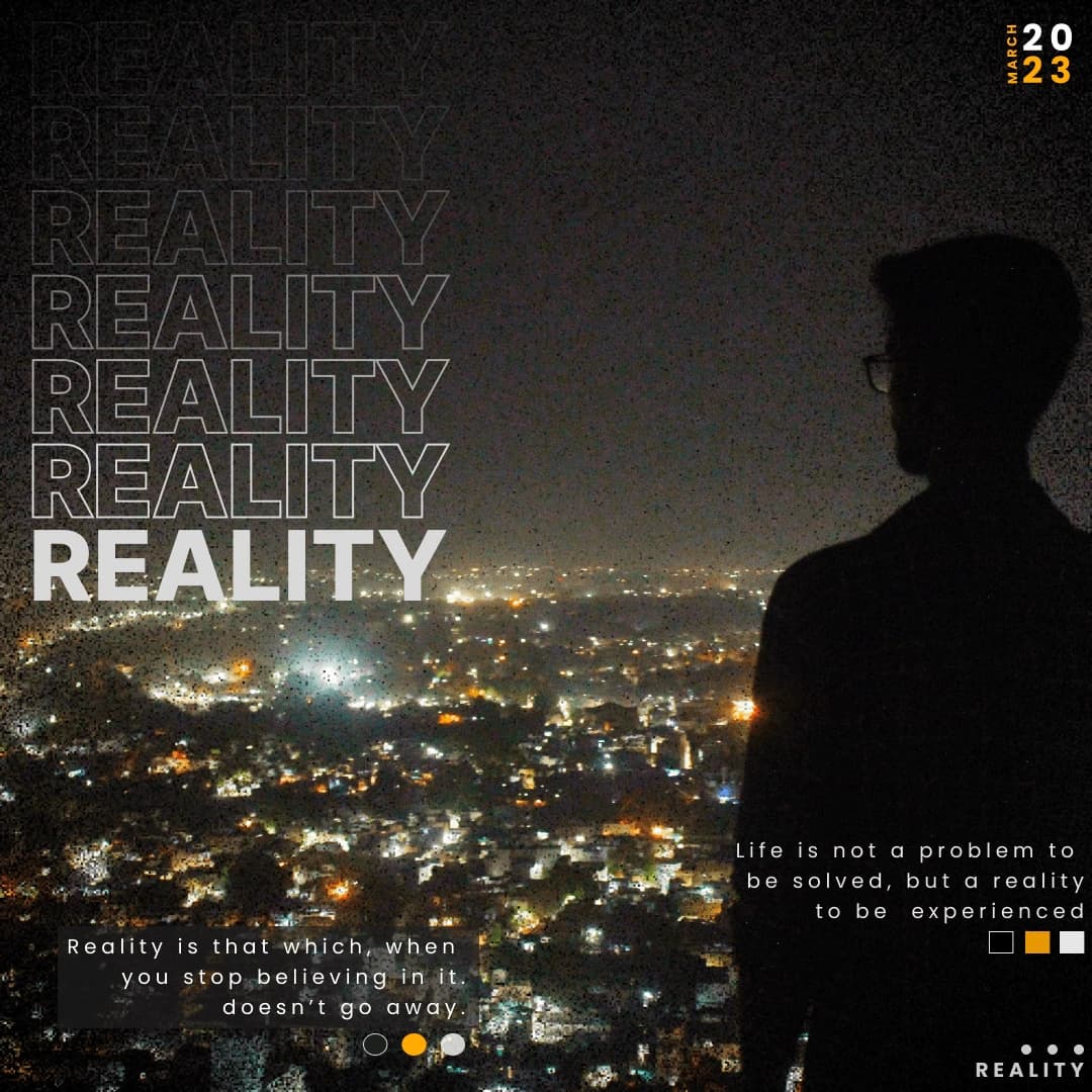 Night city poster with the repeated word Reality and a man's silhouette