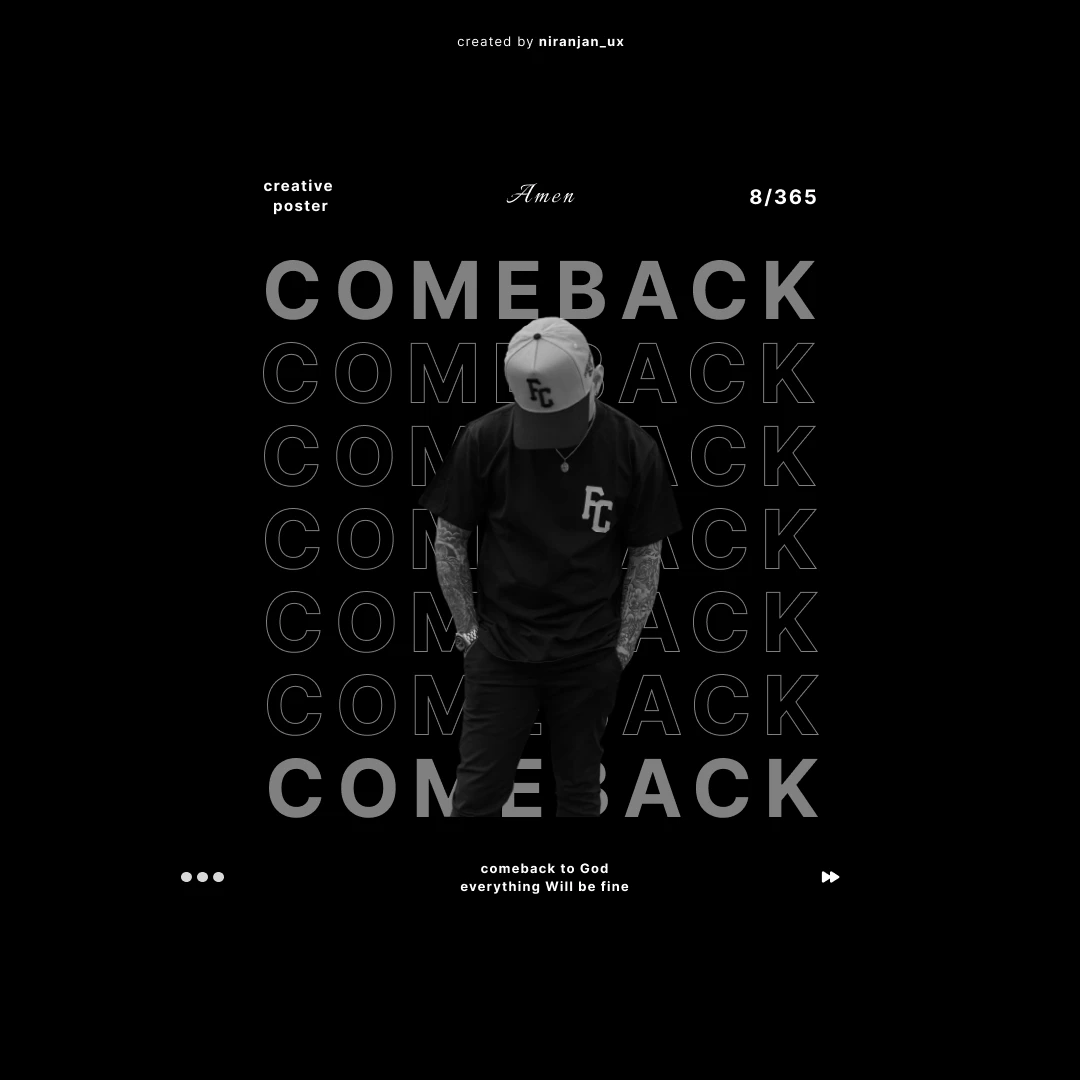 Black poster with a man in a cap and the repeated word Comeback