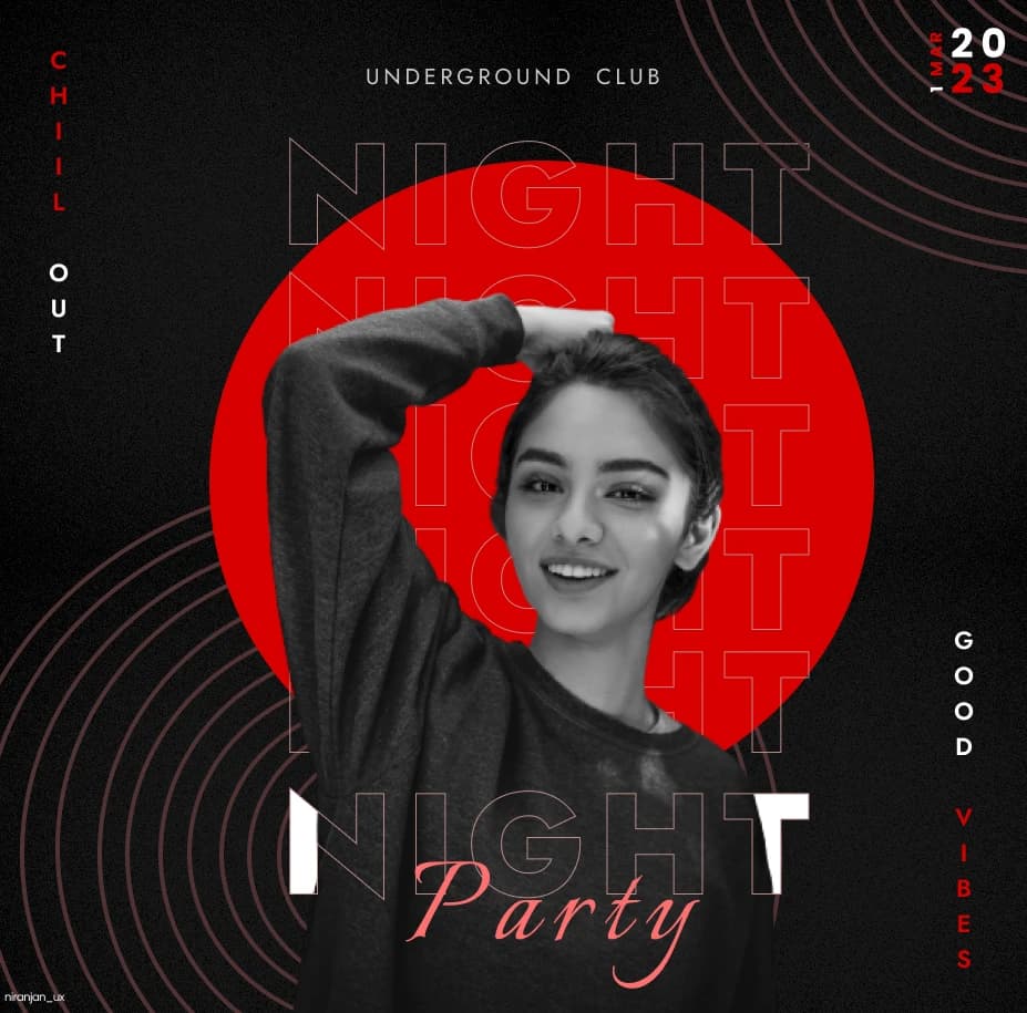Night party poster with a smiling woman in front of a red circle