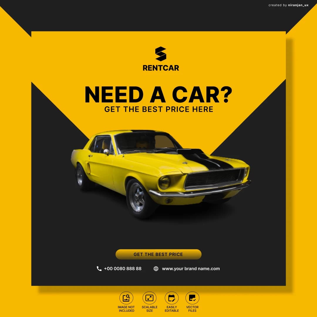 Yellow and black ad with a yellow muscle car and the line Need a car?