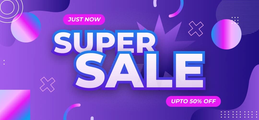 Purple banner reading Super Sale, just now, up to 50% off