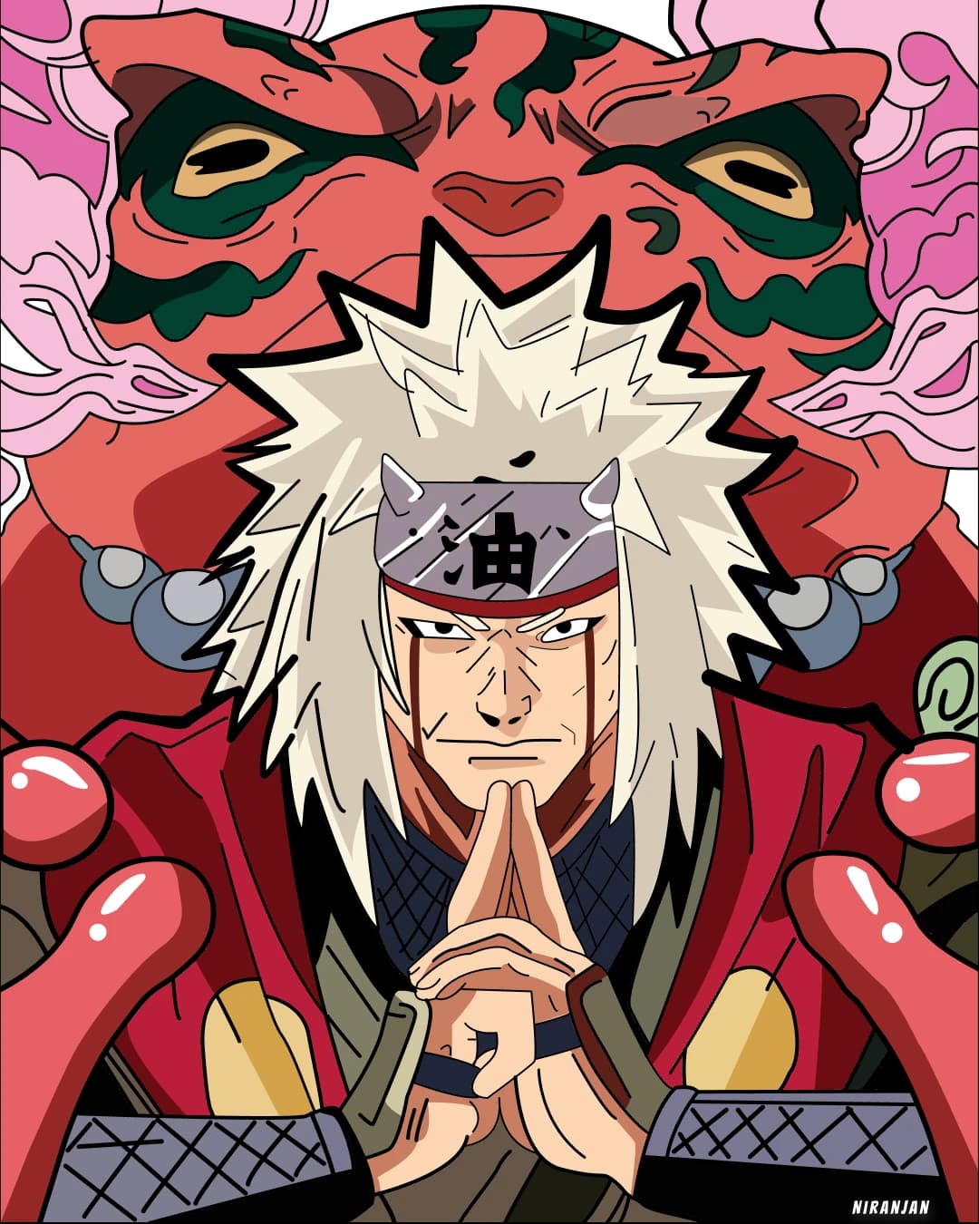 Poster of Jiraiya from Naruto, hands together, with a giant red toad behind him