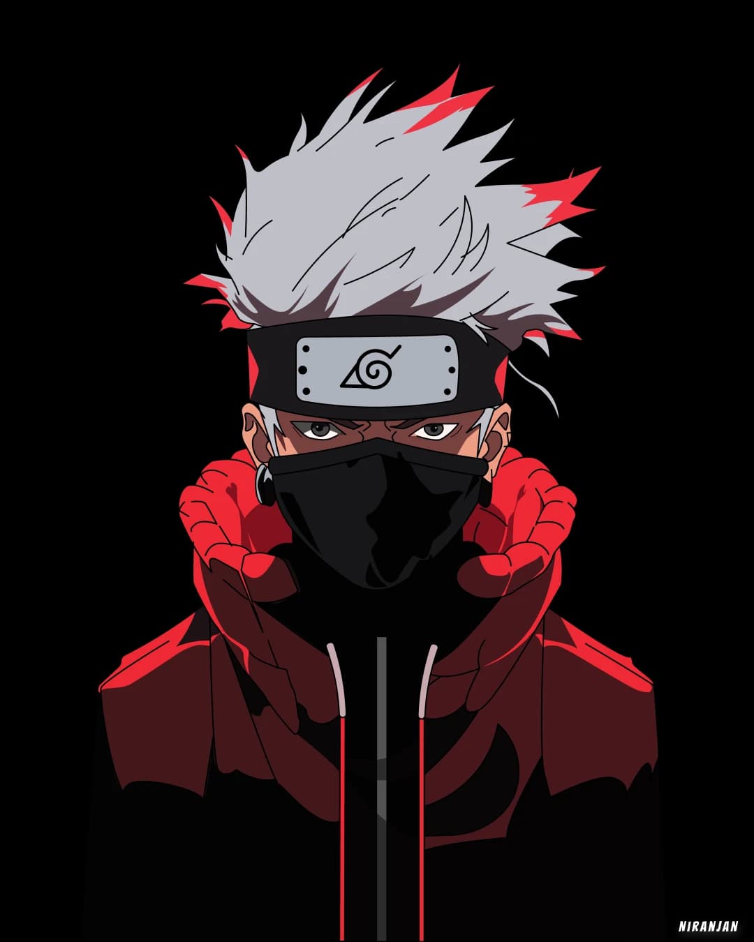 Poster of Kakashi from Naruto in a red and black hoodie with a mask, on a black background