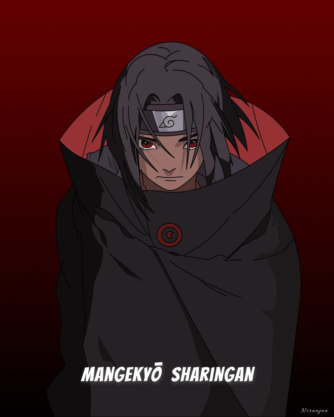 Poster of Itachi from Naruto in a dark cloak on a deep red background, with the words Mangekyō Sharingan