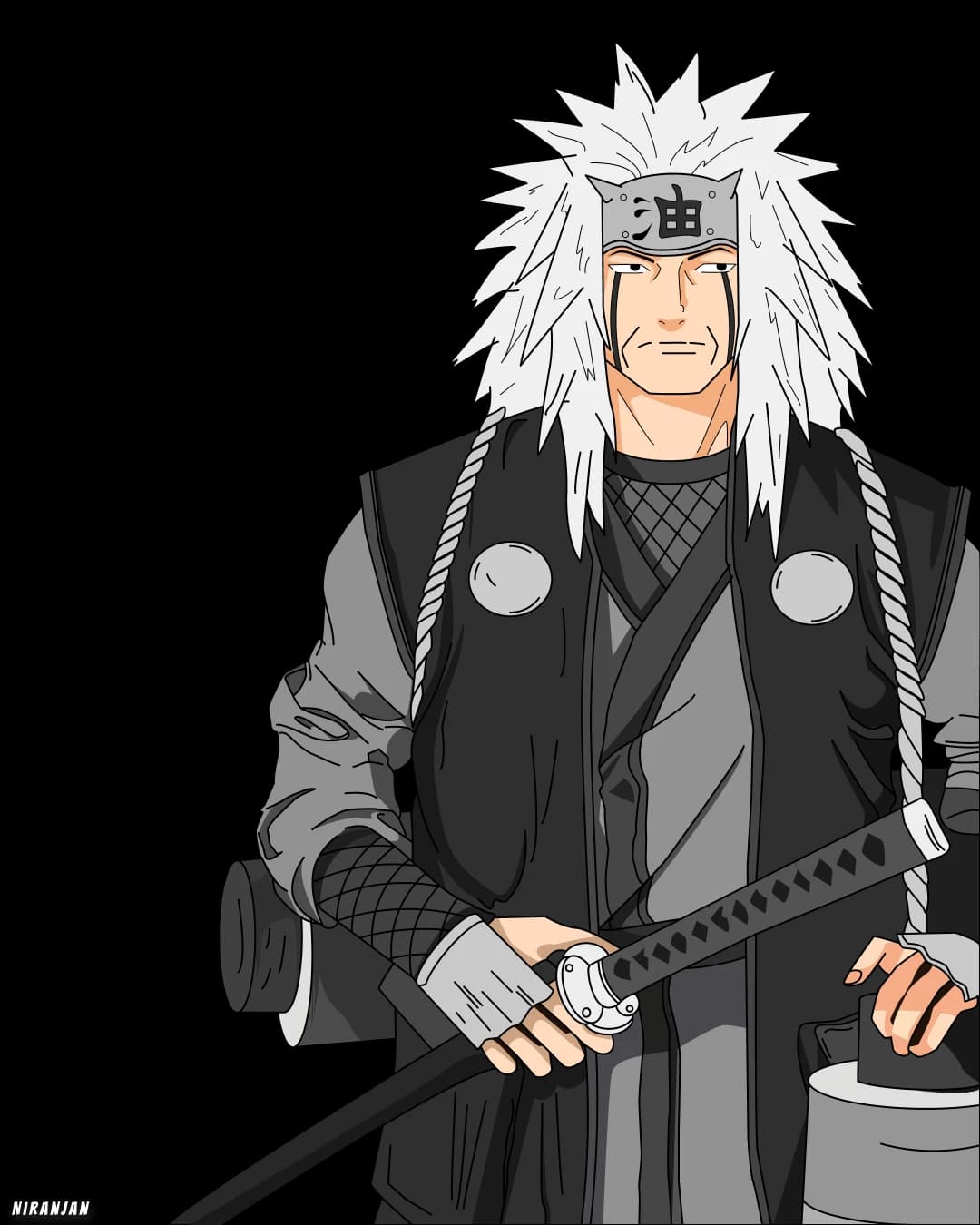 Greyscale poster of Jiraiya from Naruto holding a sword, on a black background