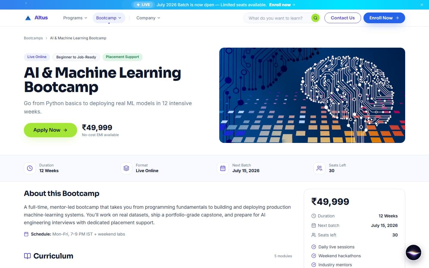 The AI and Machine Learning Bootcamp page with a title, an Apply Now button, a price, an illustration of a circuit-board brain and a strip showing 12 weeks, live online, the next batch and 30 seats