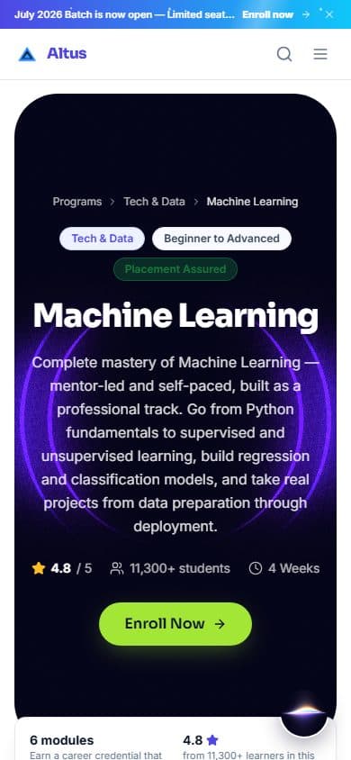 The Machine Learning course page on a phone, with the dark panel, tags, title, description and the Enroll Now button