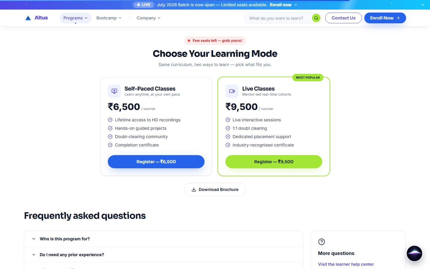Two pricing cards, Self-Paced Classes at 6,500 rupees with a blue Register button and Live Classes at 9,500 rupees with a lime border and a Most Popular tag