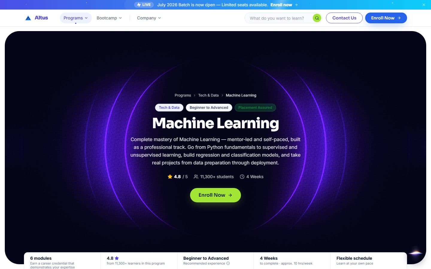 The Machine Learning course page: a dark panel with breadcrumbs, three tags, the title, a description, rating, students and weeks, and a lime Enroll Now button