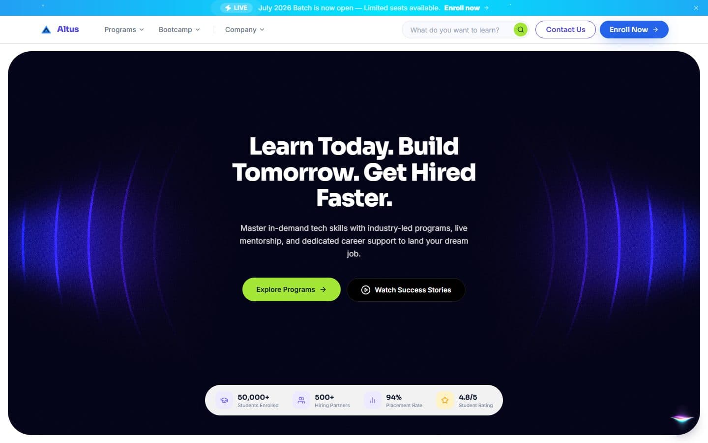 The Altus home page: a dark rounded panel with the headline Learn Today. Build Tomorrow. Get Hired Faster., a lime Explore Programs button, a black Watch Success Stories button and a white strip with four numbers