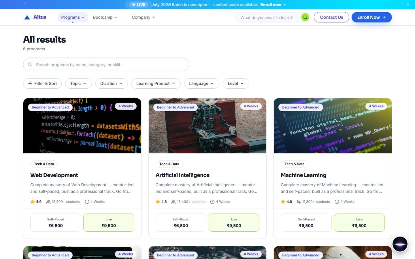 The All results page with a search box, six filter chips and three course cards, each showing a Self-Paced and a Live price