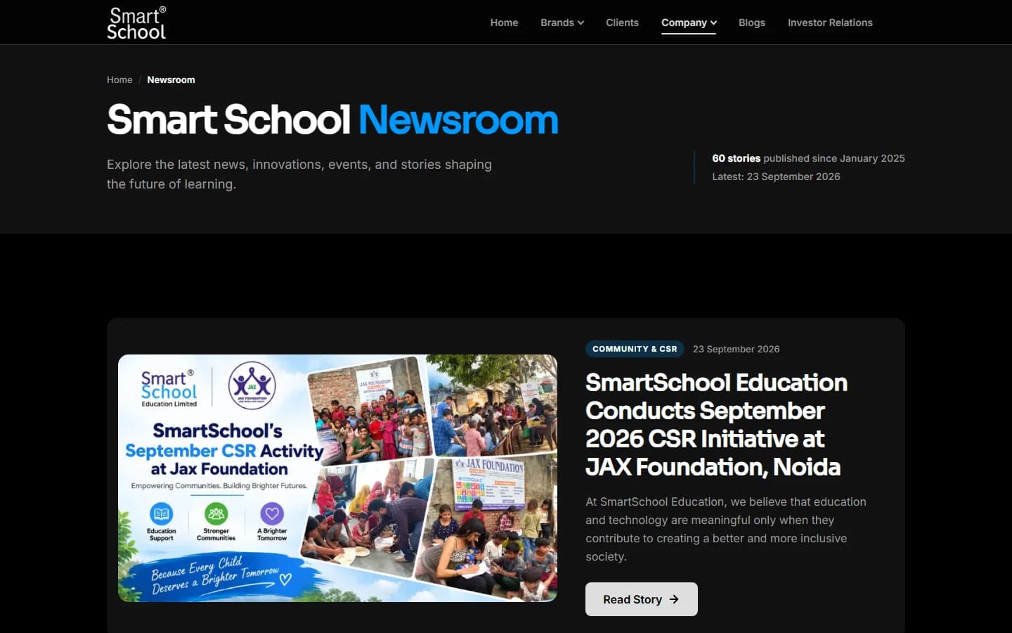 V2 Newsroom page on desktop: a heading, a story count and a featured CSR story.