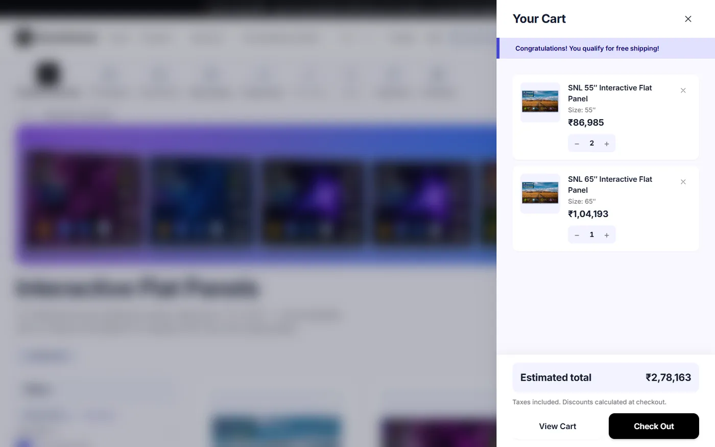 The cart drawer open over a blurred collection page, with a free-shipping message, two smart boards with quantity buttons, an estimated total, and View Cart and Check Out buttons