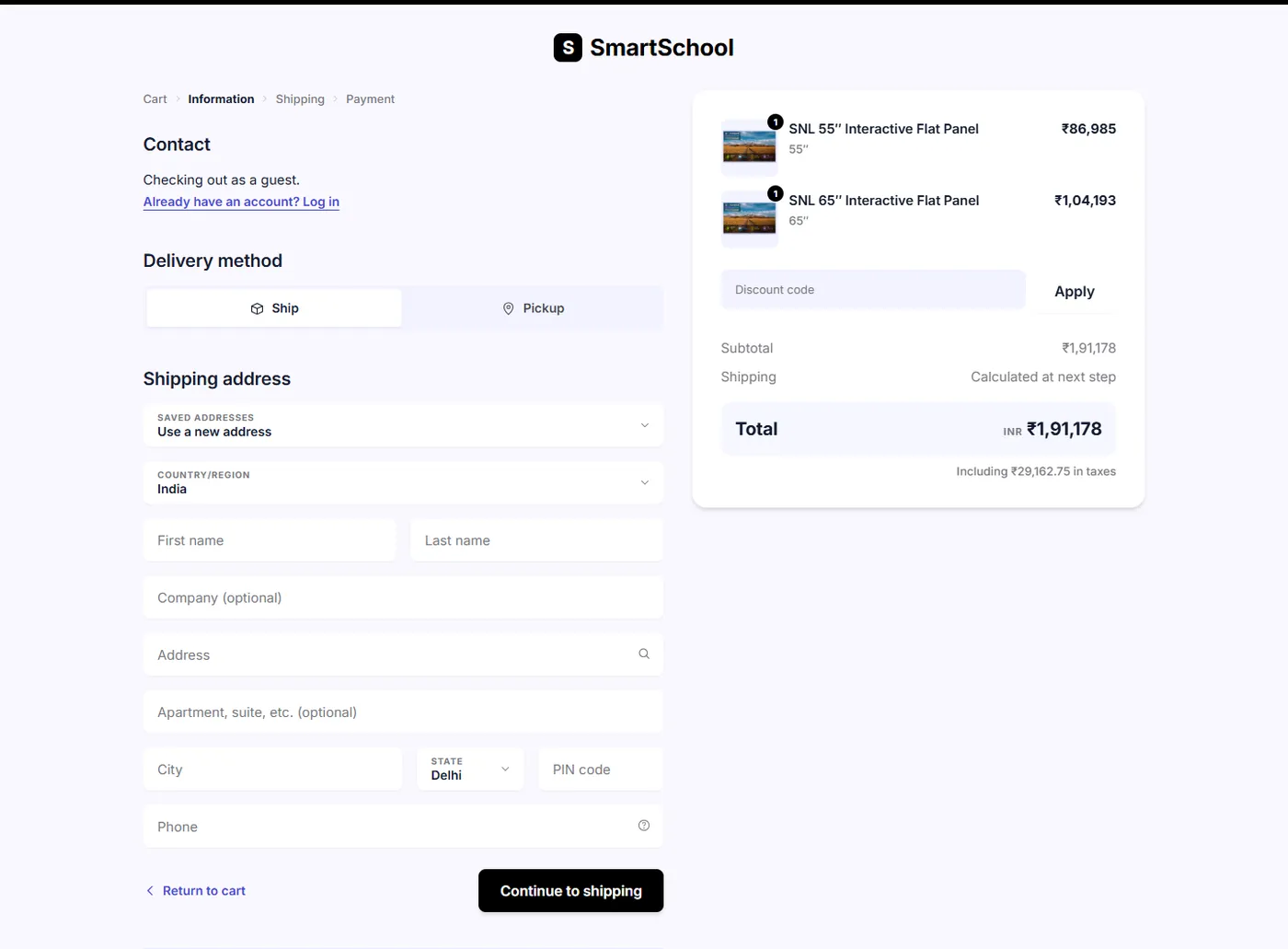 The checkout Information step on a laptop, with a guest contact line, a Ship or Pickup toggle, an empty shipping address form and an order summary with a discount code field, subtotal, total and included taxes