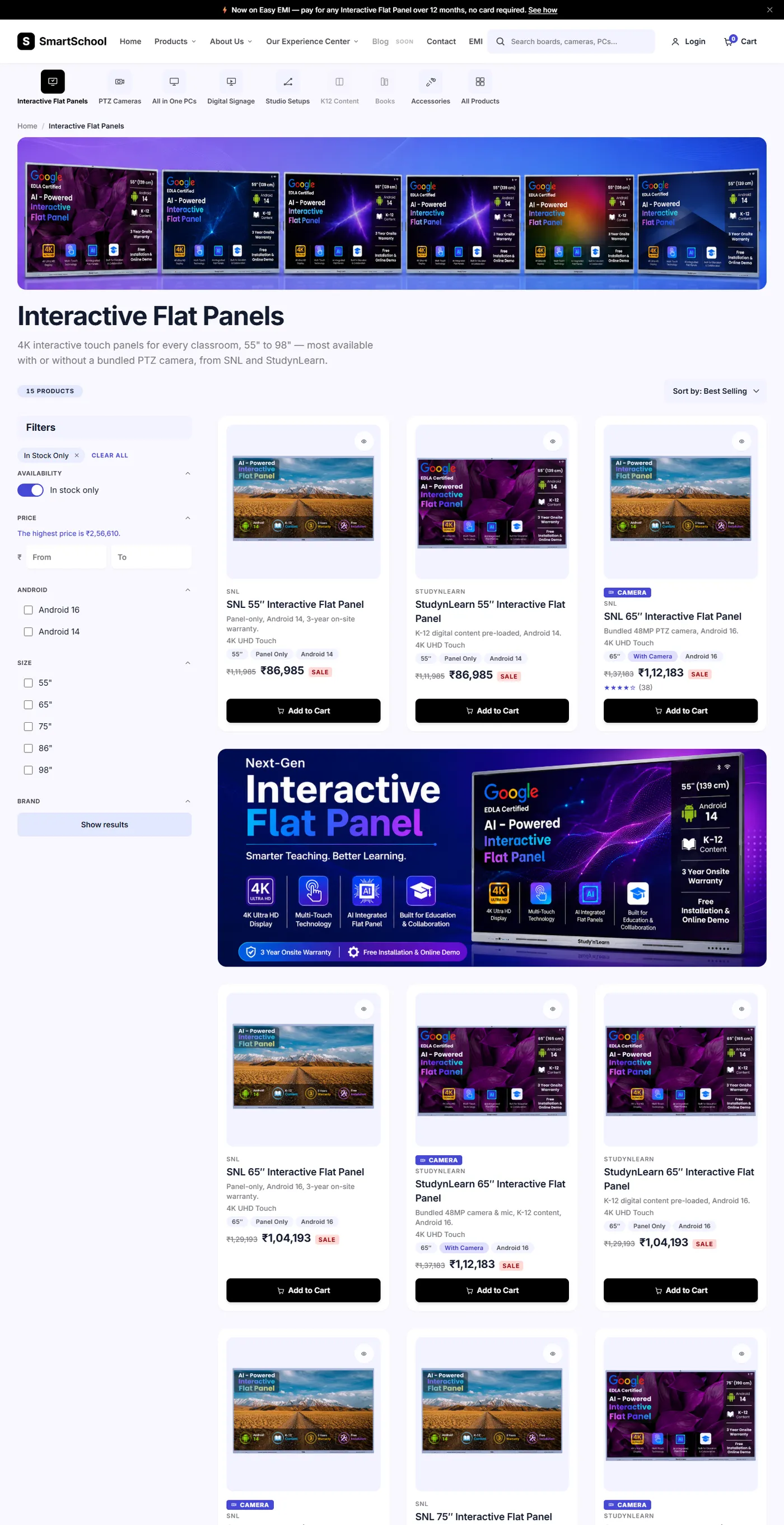 The Interactive Flat Panels collection page on a laptop, with a left sidebar of filters for availability, price, Android version and size, and a grid of smart board product cards with prices in rupees