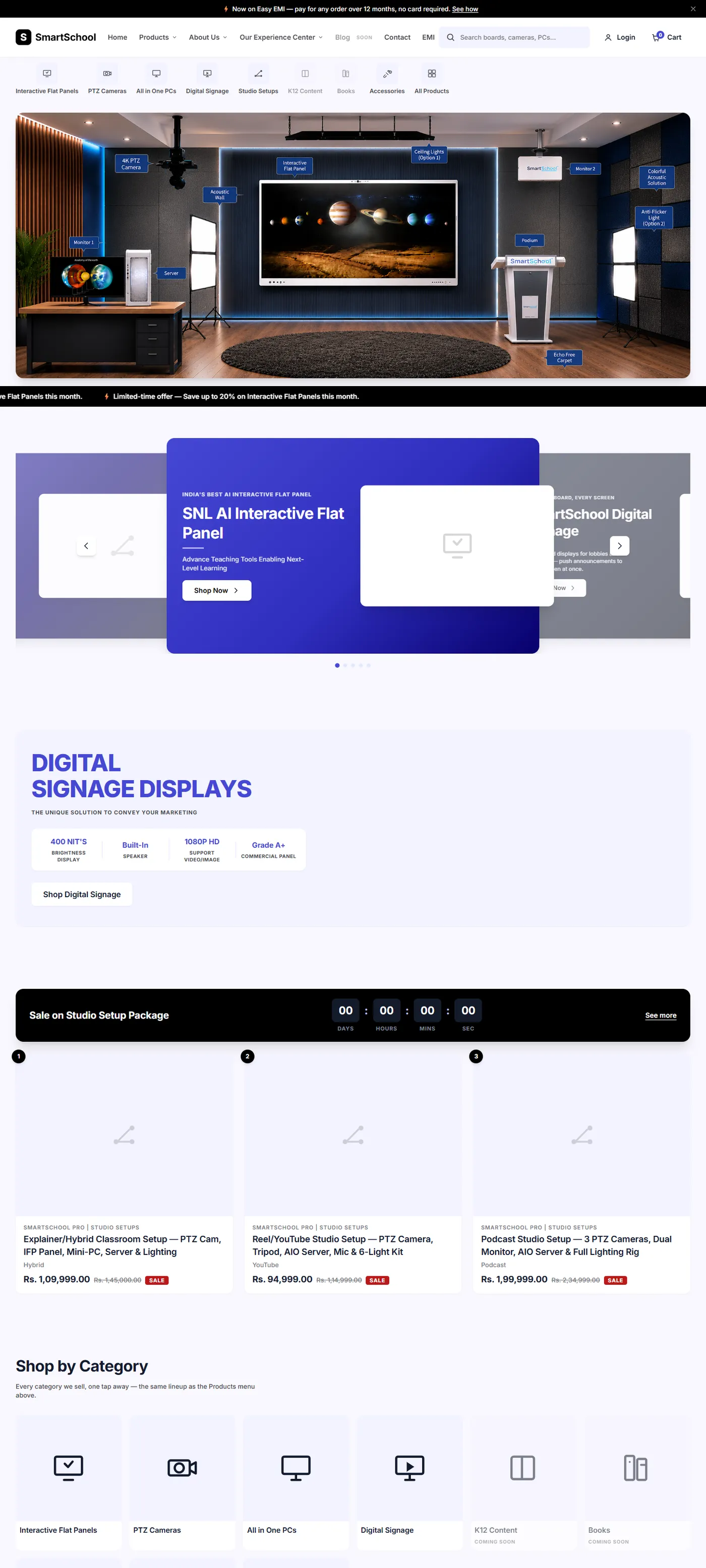 The SmartSchool Experience Center home page on a laptop, with the announcement bar, header and category rail, a studio-setup hero picture, a promo carousel, three studio setup cards and a shop-by-category grid. The carousel and cards show placeholder icon tiles where photos will go