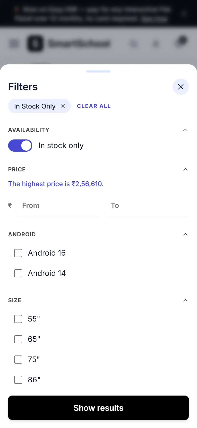 A collection page on a phone with the filter sheet open, showing an In stock only switch, price range, Android and size checkboxes and a Show results button