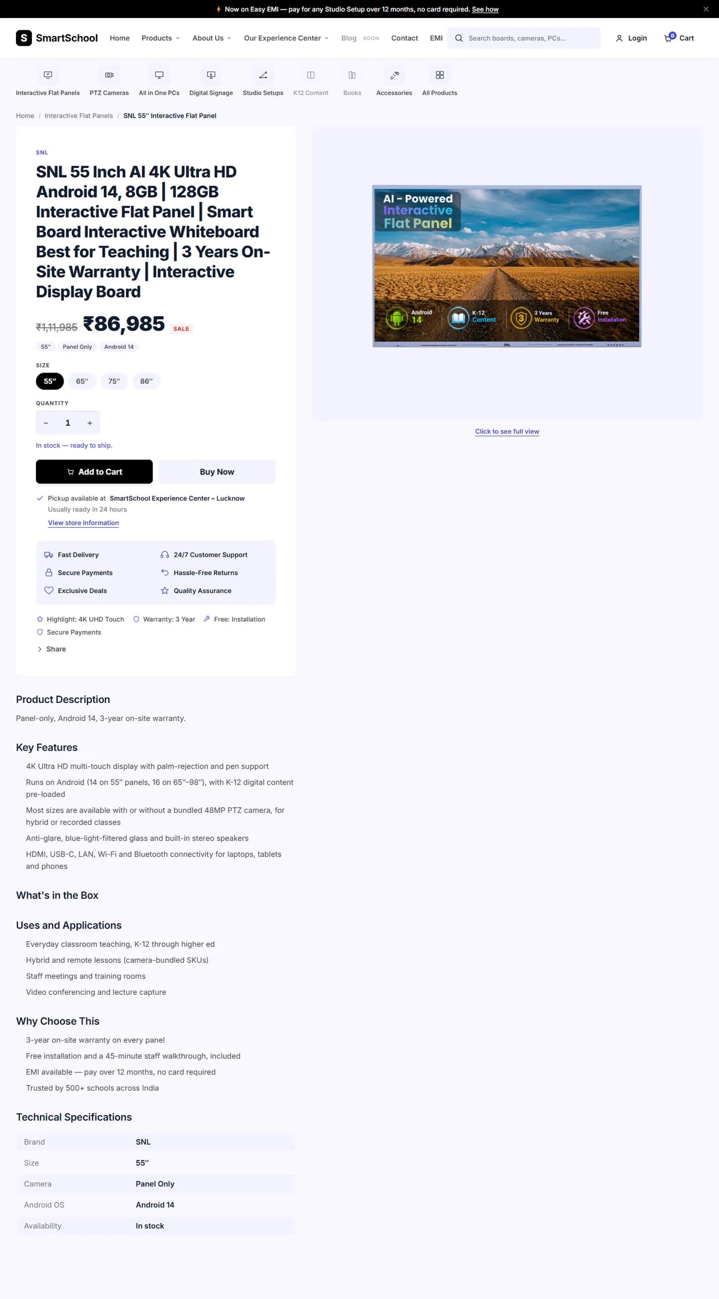A smart board product page on a laptop, with the title, price, size pills, quantity and the Add to Cart and Buy Now buttons on the left, and a single product image with a Click to see full view link on the right, above the description, features and specs