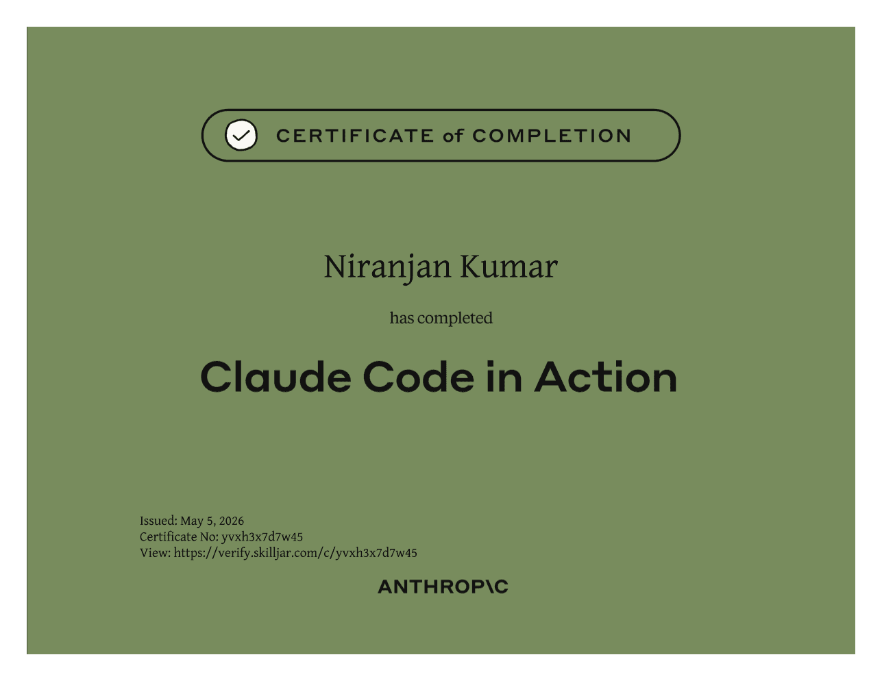 Claude Code in Action certificate from Anthropic