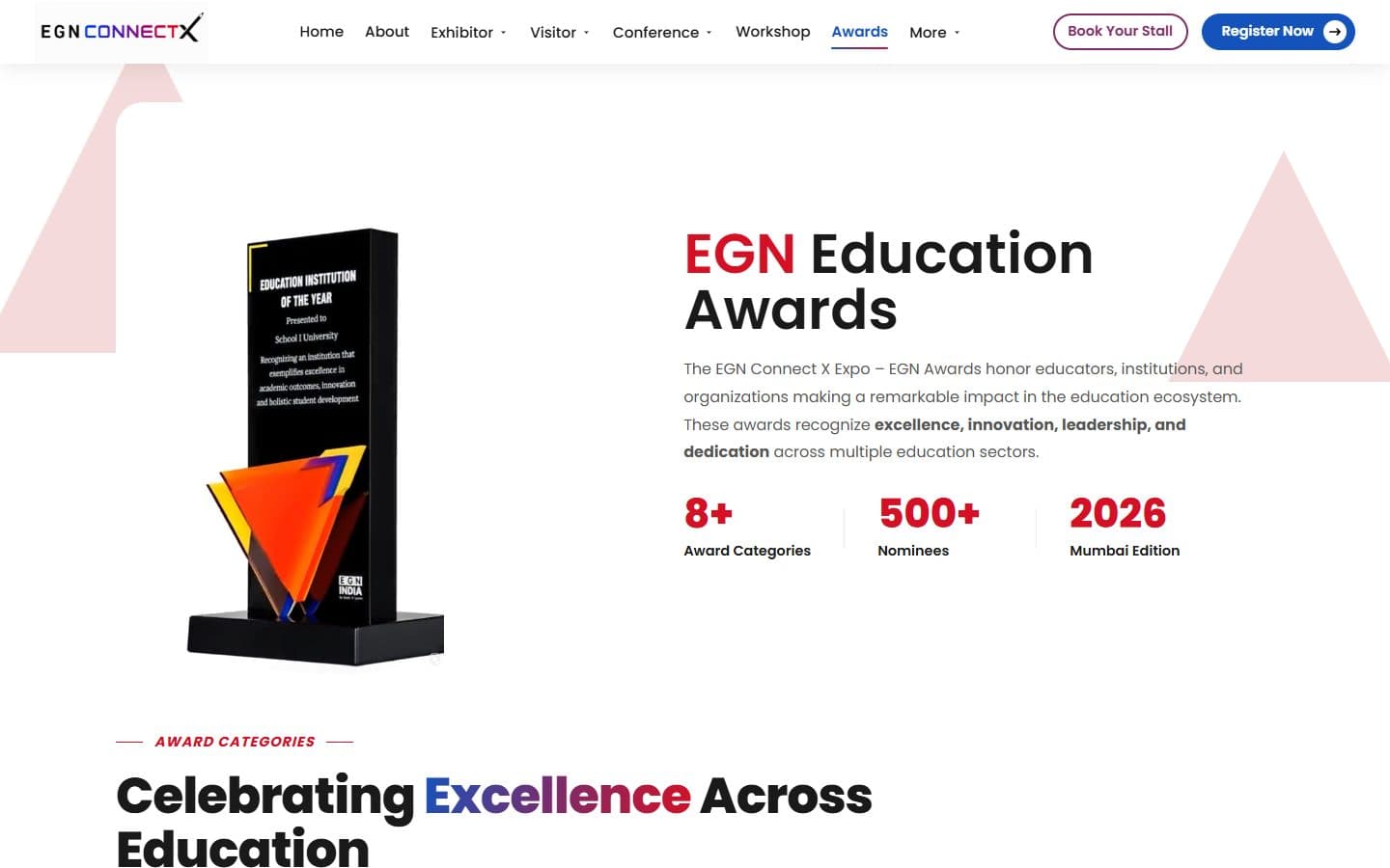 The Education Awards page with a trophy, three numbers and a heading with one word in the brand gradient