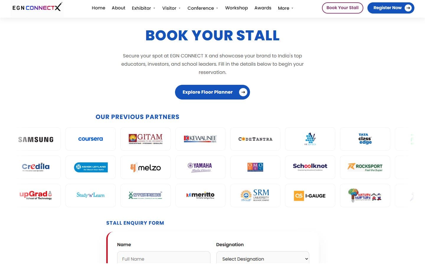 The Book Your Stall page with three rows of partner logos and the start of the enquiry form