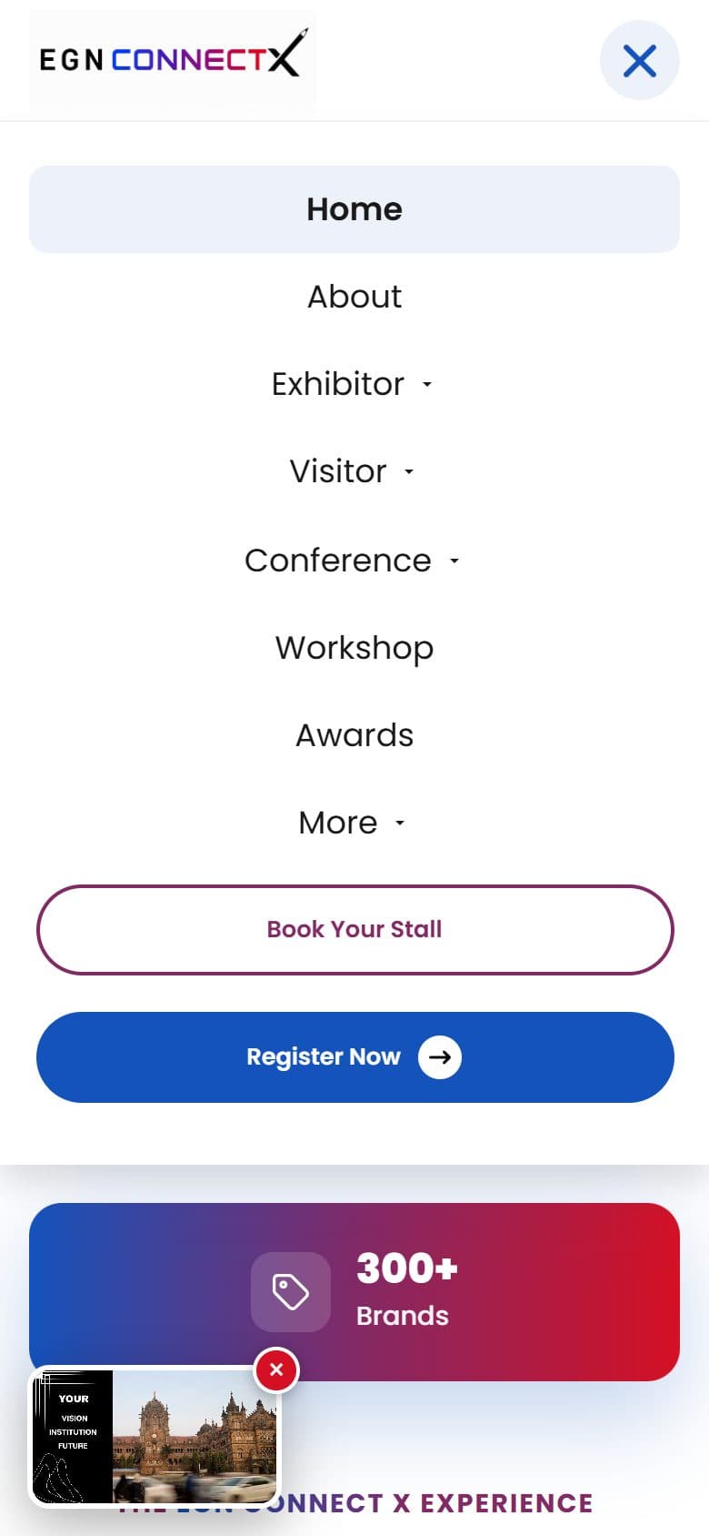 The phone menu drawer with the Book Your Stall and Register Now buttons