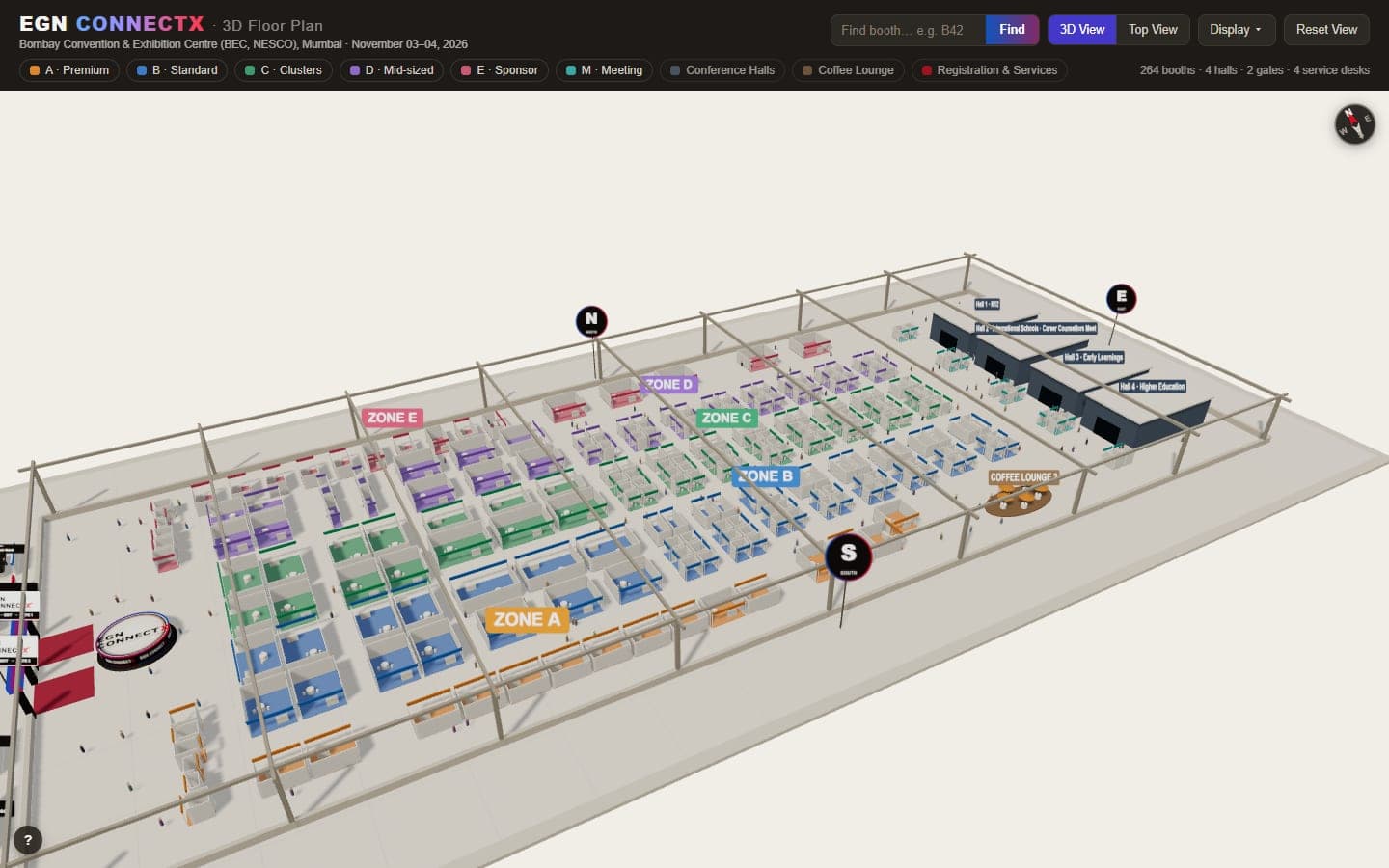 The 3D floor planner showing the whole venue from above and to the side: booths in five colored zones, four conference halls and the coffee lounge, with a booth search box, zone filters and 3D View and Top View buttons across the top