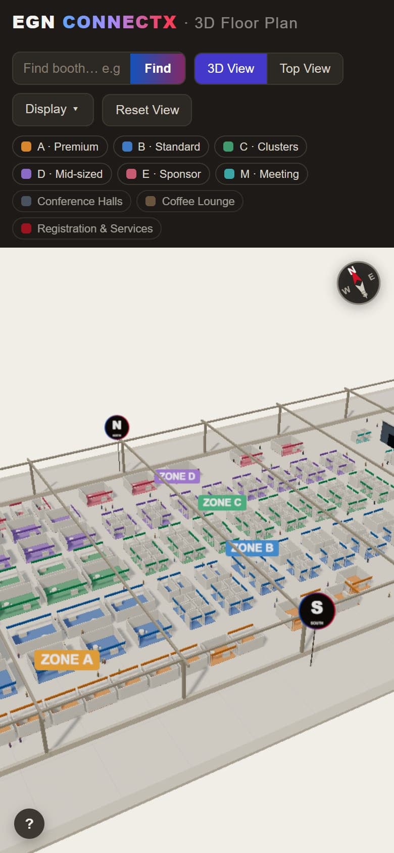 The 3D floor planner on a phone: the search box, 3D and Top View buttons and zone filters stack above the 3D scene