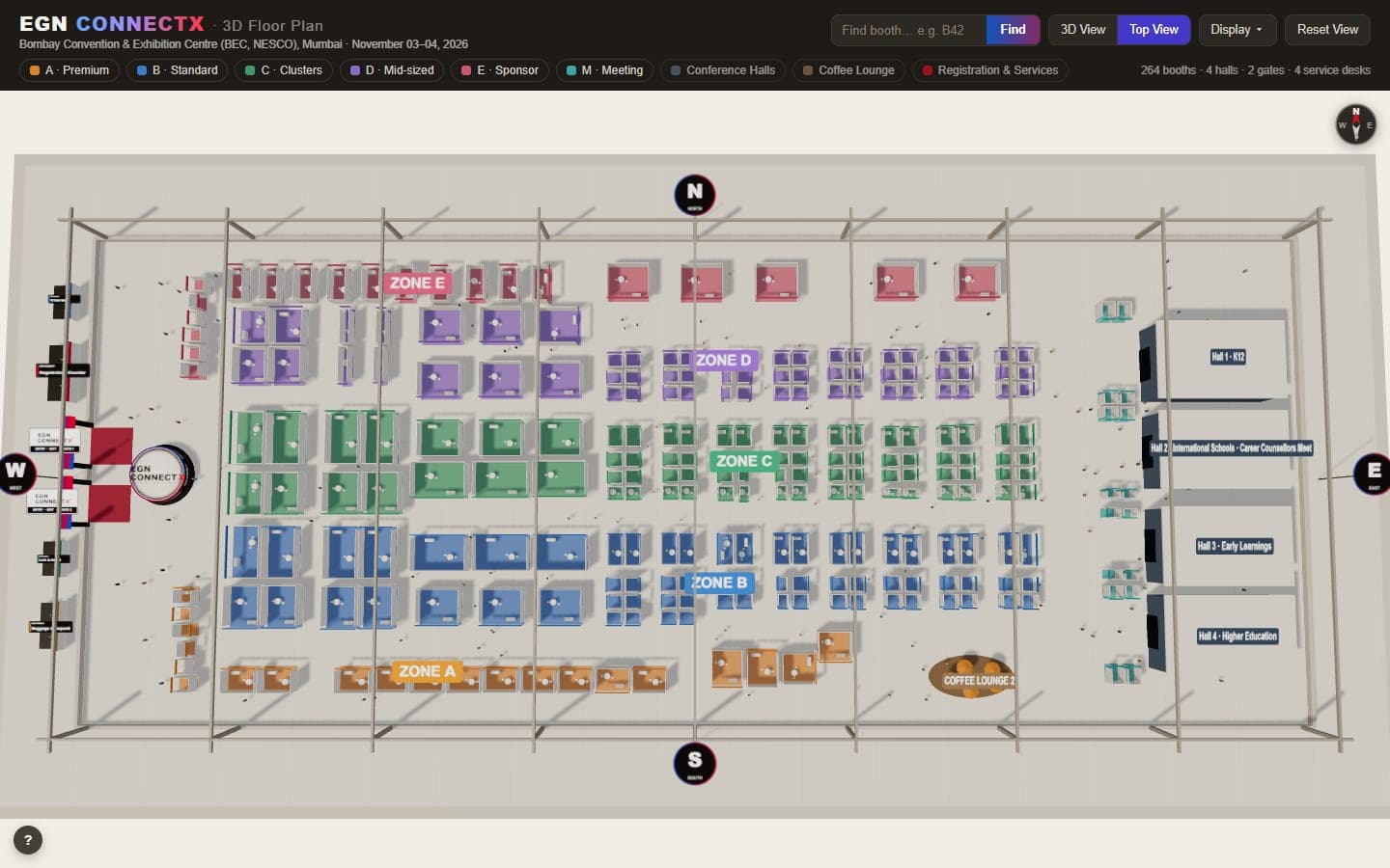The planner in Top View: a flat plan of every booth, hall and gate, with north, south, east and west marked