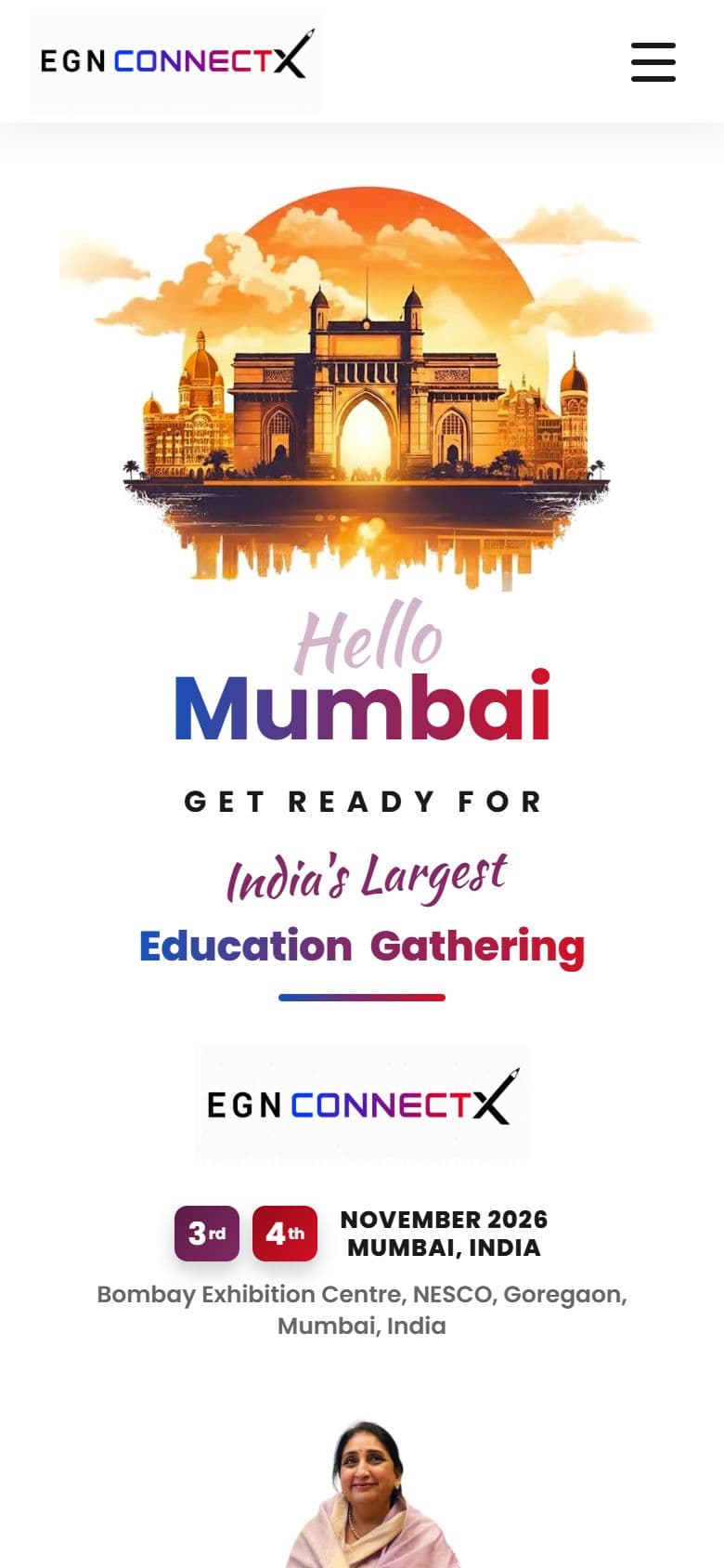 The EGN ConnectX home page on a phone: the Mumbai skyline illustration, the lines Hello Mumbai and India's Largest Education Gathering, the logo, the dates and venue, and the first chief guest portrait
