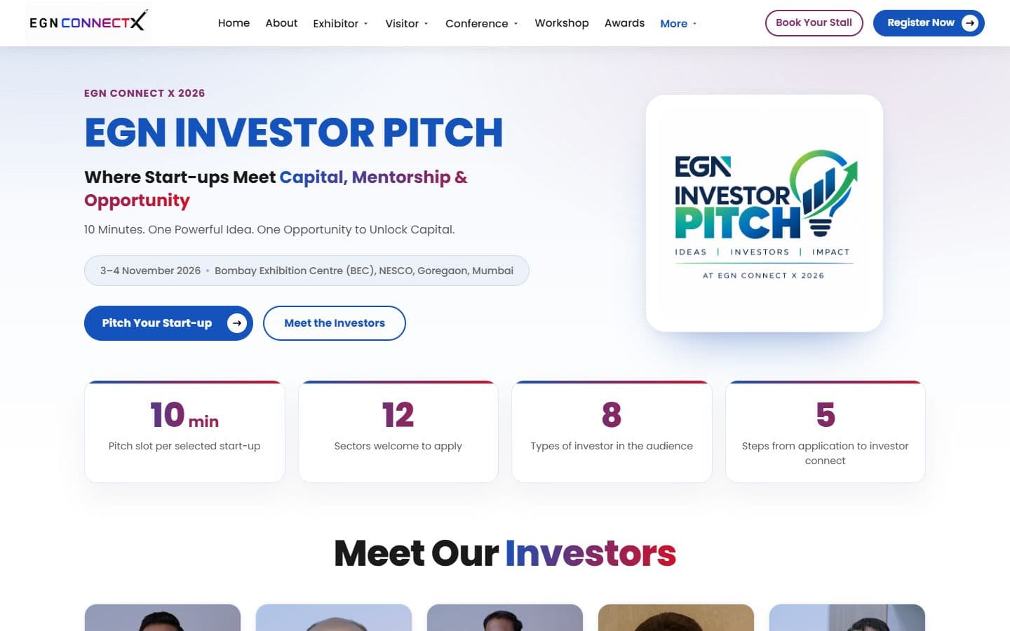 The EGN Investor Pitch page: a hero with the investor pitch logo and two buttons, a strip of four numbers, and the heading Meet Our Investors above a row of investor photos