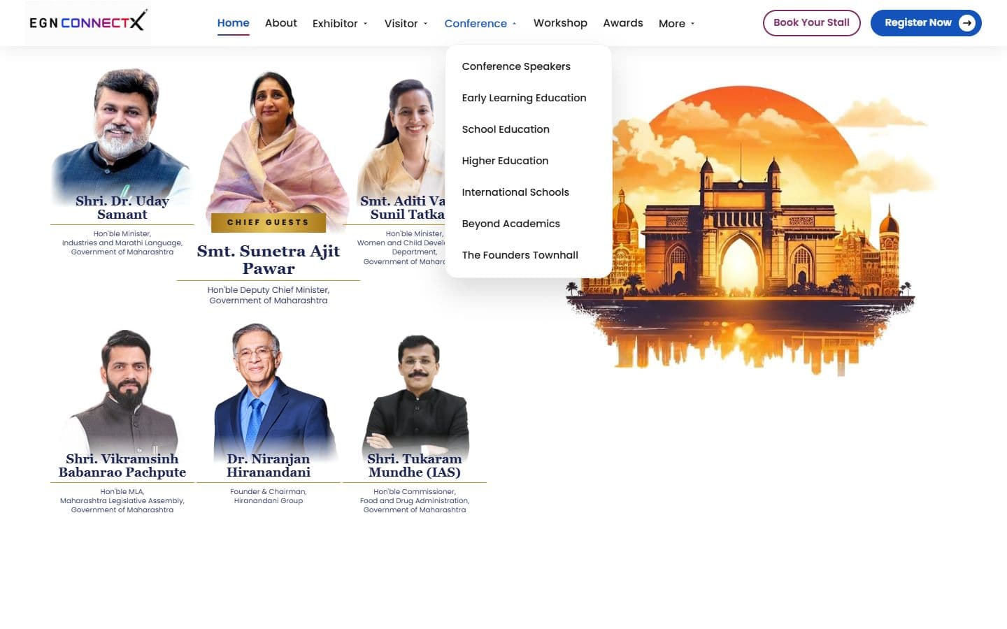 The home page with the Conference menu open in the header