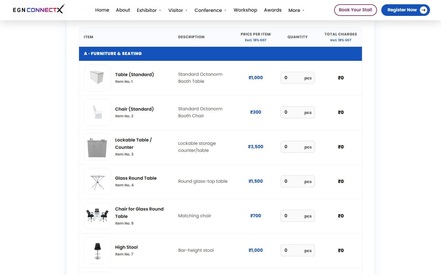 The furniture rate card with item photos, prices and quantity boxes
