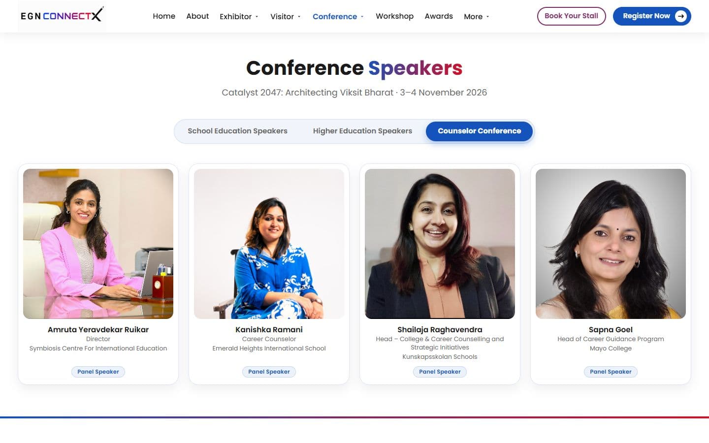 The Counselor Conference tab on the speakers page: four cards in a row, each with a portrait photo, a name, a job title, an institution and a Panel Speaker label