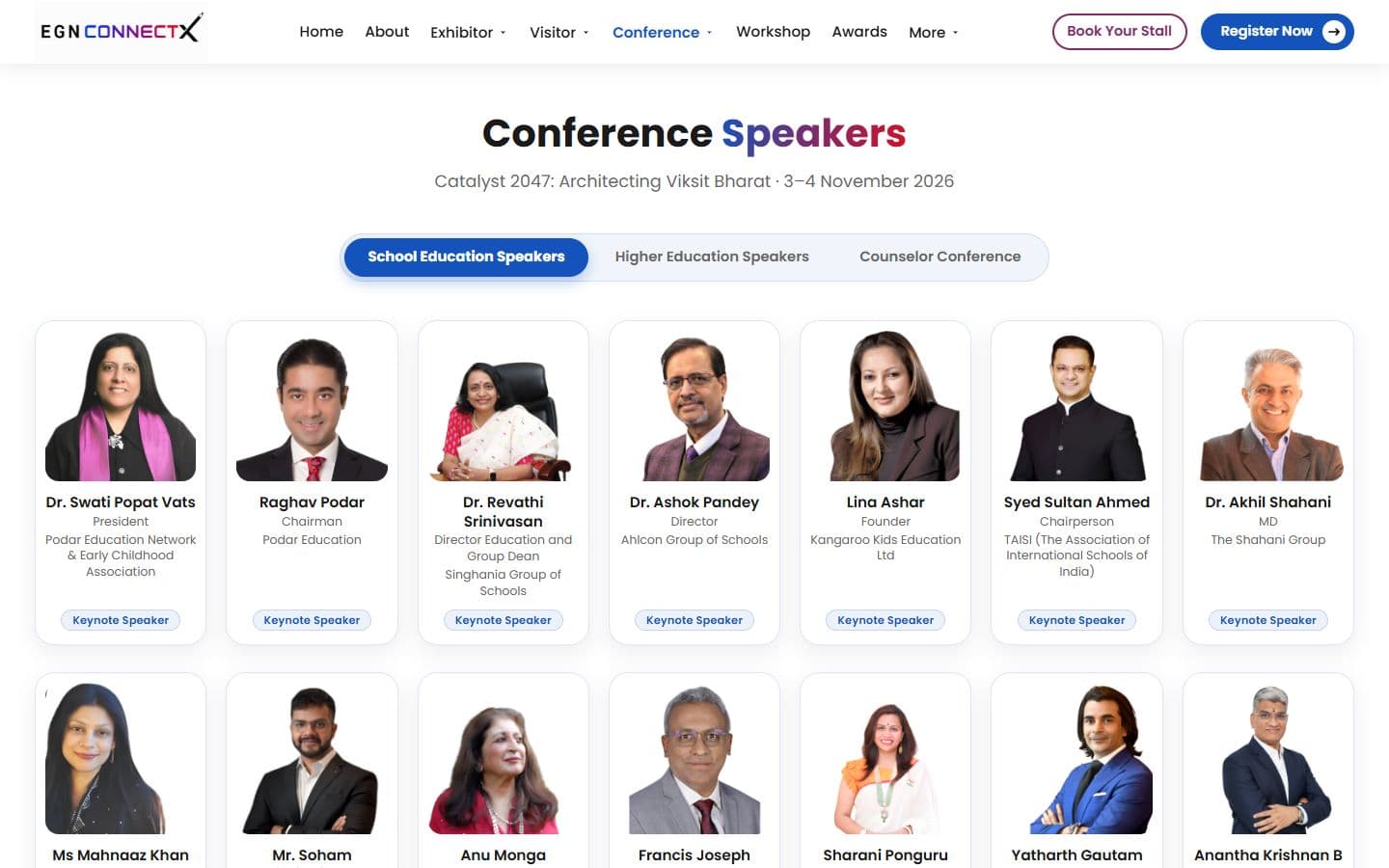 The speakers page on the School Education tab: a bar with School Education, Higher Education and Counselor Conference tabs above rows of speaker cards, each with a photo, name, role and a Keynote Speaker label
