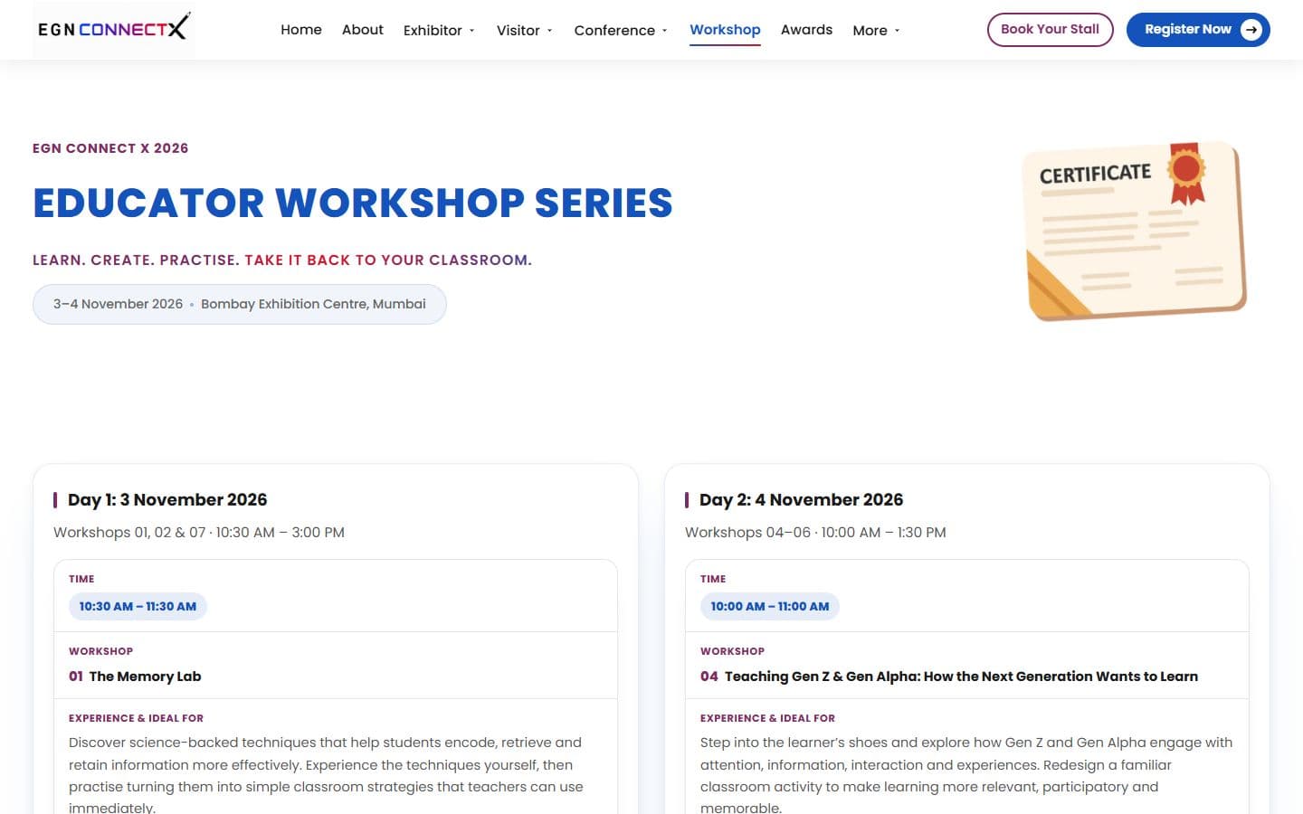 The workshop page: a certificate illustration in the hero, then two panels side by side, Day 1 on 3 November with workshops 01, 02 and 07 from 10:30 AM and Day 2 on 4 November with workshops 04 to 06 from 10:00 AM