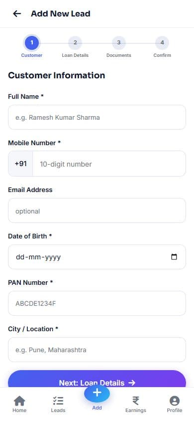 The Add New Lead screen with four steps (Customer, Loan Details, Documents, Confirm) and a form for name, mobile number, email, date of birth, PAN number and city