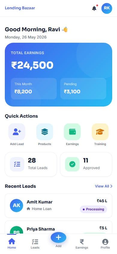 The agent app home screen: a greeting, a blue card with total earnings of 24,500 rupees, four round quick actions, two number tiles and the first recent lead, with a five-tab bar at the bottom
