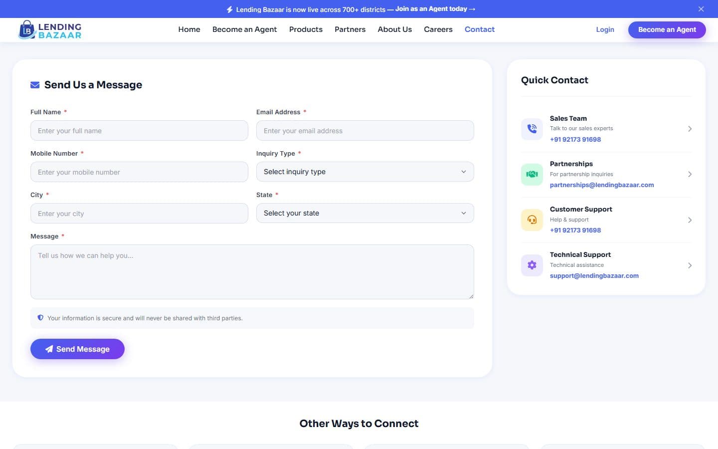 The contact page with a Send Us a Message form (name, email, mobile, inquiry type, city, state and message) and a Quick Contact card listing the sales team, partnerships, customer support and technical support
