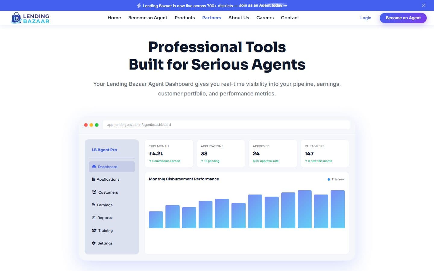 The heading Professional Tools Built for Serious Agents above a drawn browser window with a sidebar, four small numbers and a bar chart of monthly disbursement