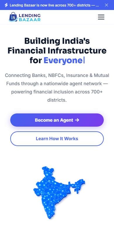 The home page on a phone: the announcement bar, the logo and a menu button, the headline, two full-width buttons and the map of India